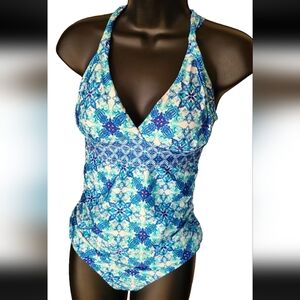 LA Blanca Cross Blue Floral Tankini Women’s Two Piece Blue Swimsuit Cross back M